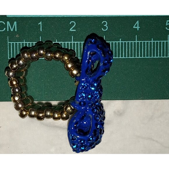 Vintage Cobalt Blue Bow Stretch Ring Enameled Rhinestone Encrusted Silver Tone - Picture 5 of 9